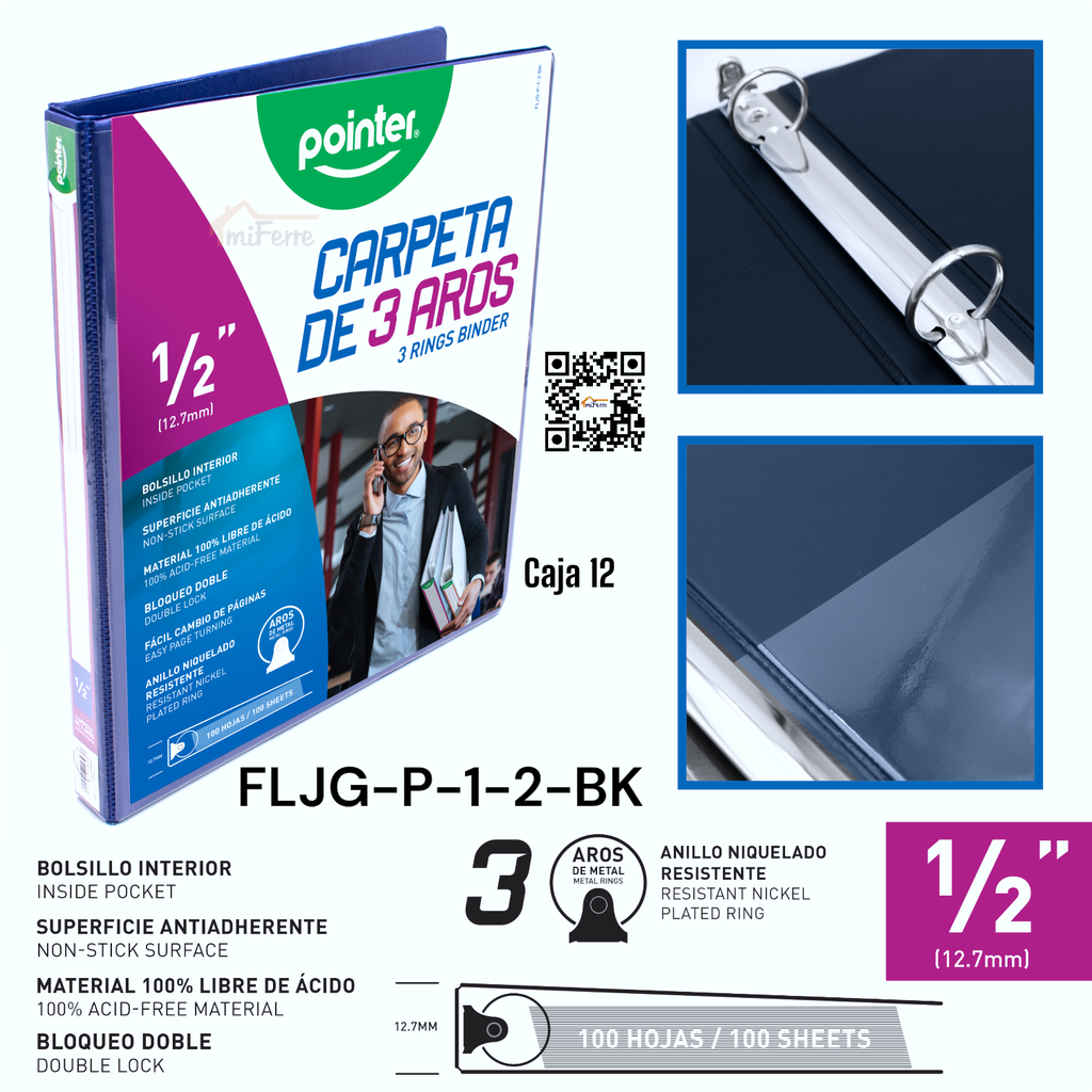 Carpeta de 3 Aros 1/2" Negro POINTER