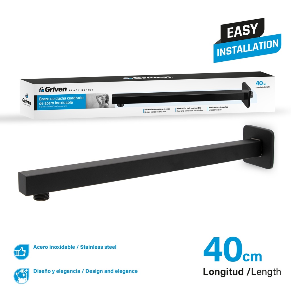 Brazo de Ducha Cuadrado de Acero Inoxidable GRIVEN Black Series
