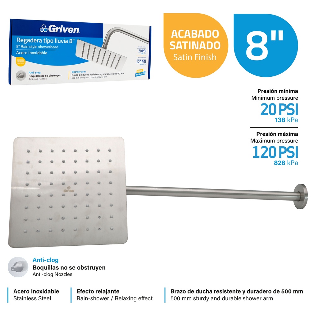 Regadera Tipo Lluvia 8" GRIVEN