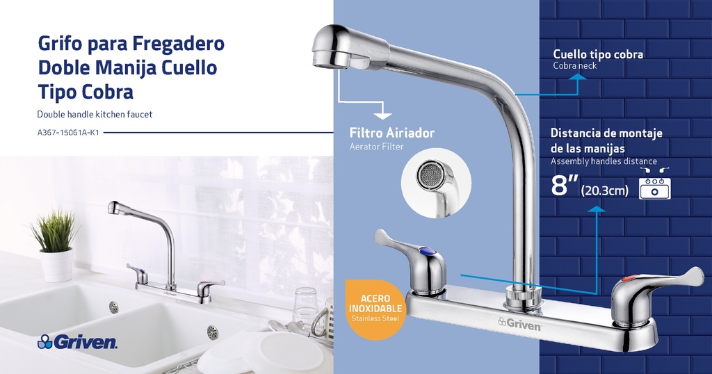 Grifo para Fregadero Doble Manija Cuello Tipo Cobra GRIVEN