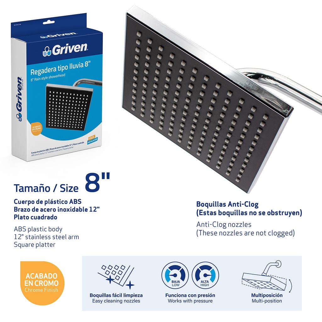 Regadera Tipo Lluvia 8" GRIVEN