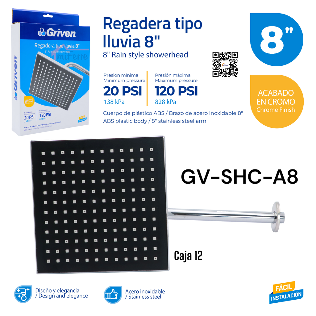 Regadera Tipo Lluvia 8" GRIVEN
