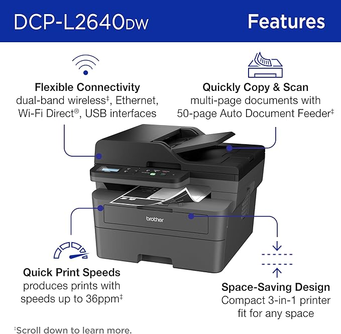 Brother DCP-L2640DW Wireless Compact Monochrome Multi-Function Laser Printer with Copy and Scan, Duplex, Mobile, Black & White
