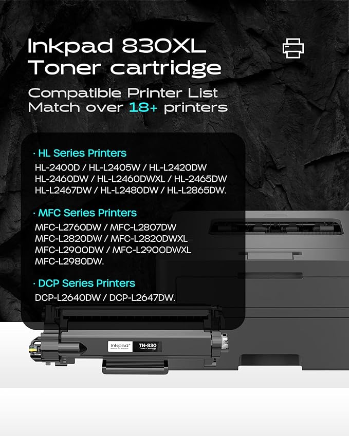 TN830XL Toner Cartridge (with Chip) Replacement for Brother TN830-XL TN-830 TN830 Compatible with HL-L2460DW DCP-L2640DW HL-L2400D HL-L2405W HL-L2460DWXL MFC-L2900DW Printers