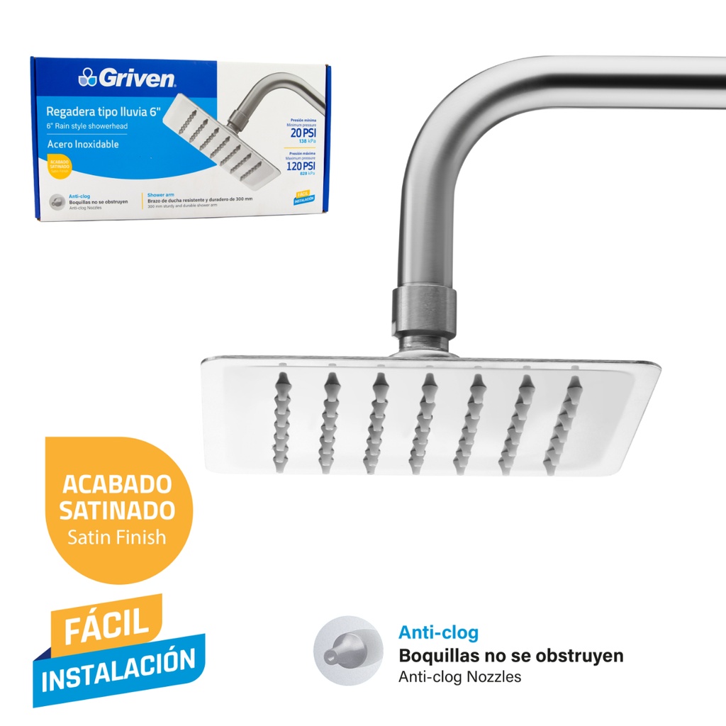 Regadera Tipo Lluvia 6" GRIVEN