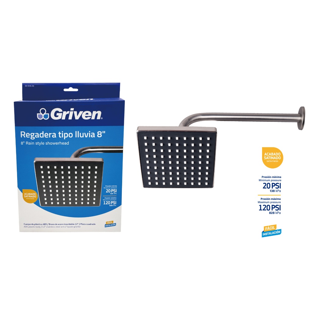 Regadera Tipo Lluvia 8" GRIVEN