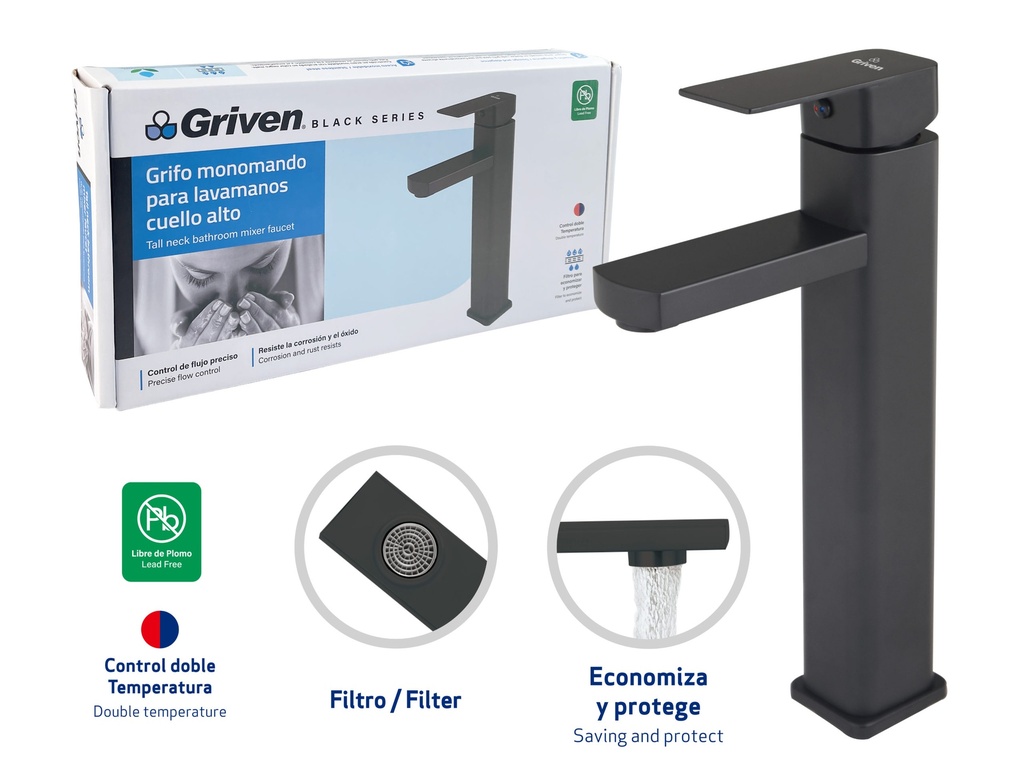 Grifo Monomando para Lavamanos Cuello Alto GRIVEN Black Series