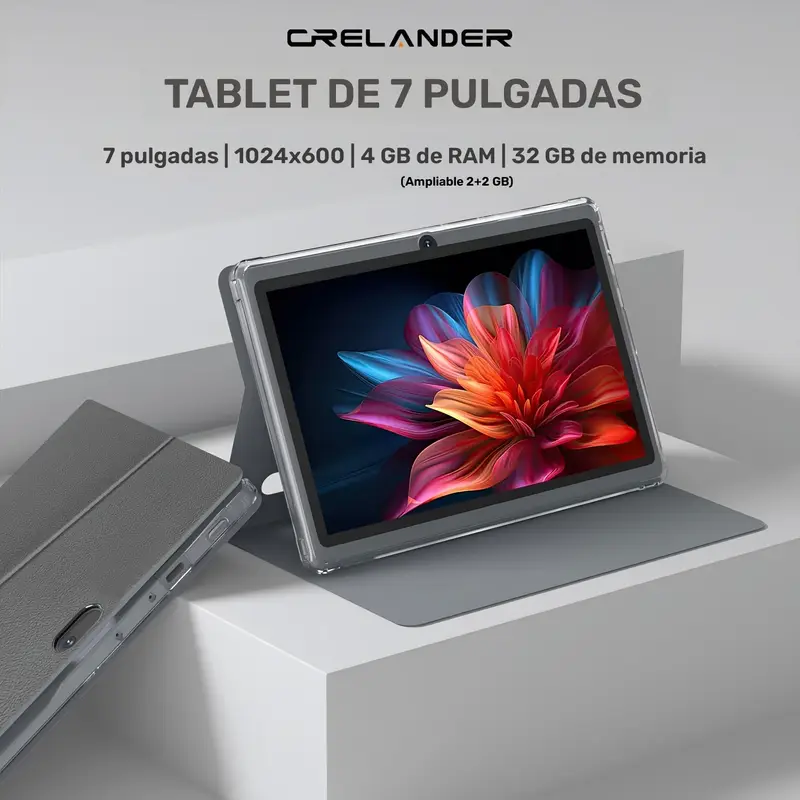Tableta CRELANDER 7 pulgadas, 4GB (2GB+2GB expandible) RAM, 32GB ROM, CPU MTK6737, Pantalla IPS de 1024*600, Funda Gris, Sistema Operativo Android
