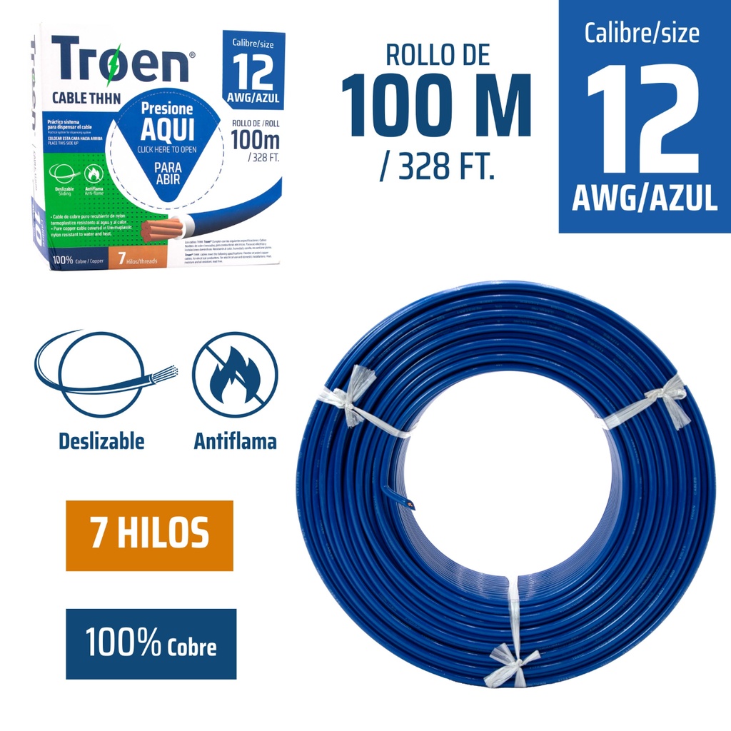 Cable Electrico #12 X 100m Azul TROEN