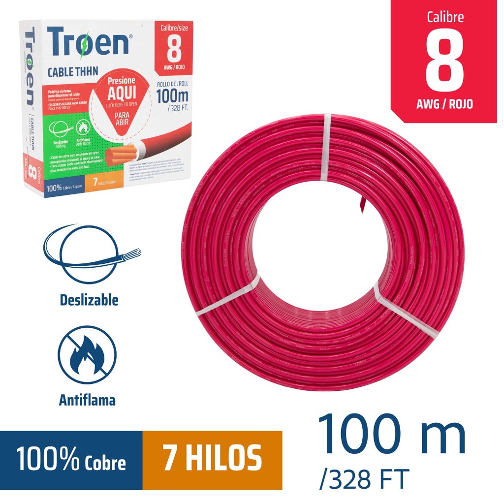 Cable Electrico #8 X 100m Rojo TROEN