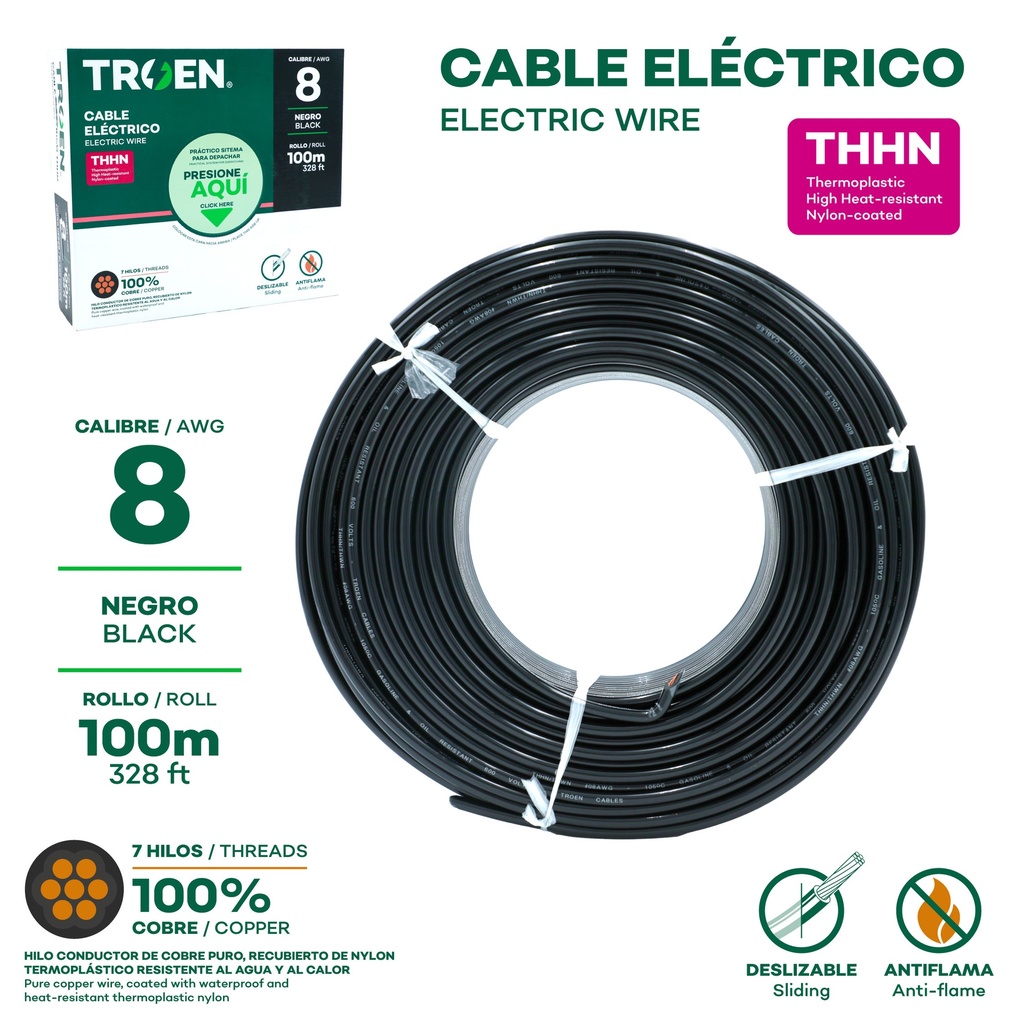 Cable Electrico #8 X 100m Negro TROEN
