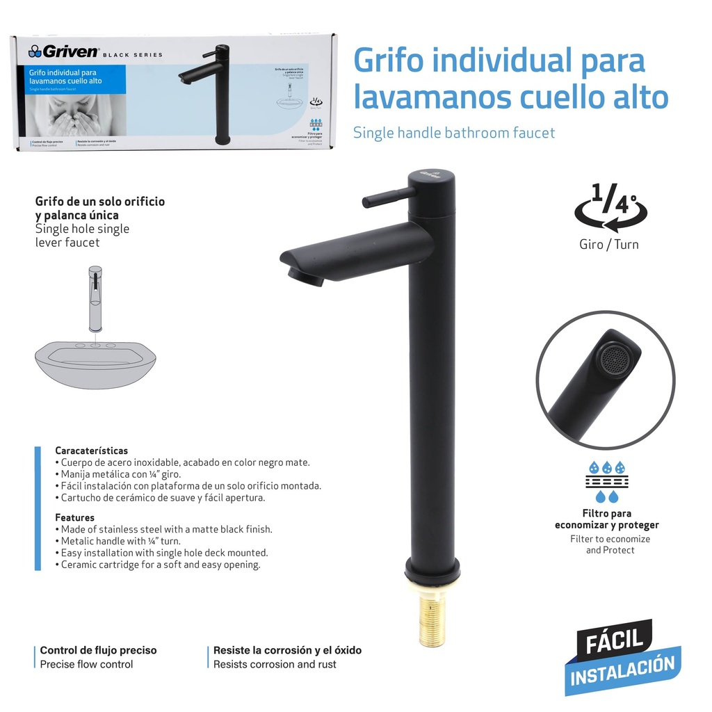 Grifo Individual para Lavamanos Cuello Alto GRIVEN Black Series