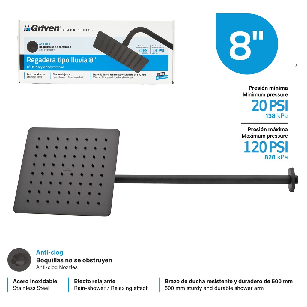Regadera Tipo Lluvia 8" GRIVEN Black Series