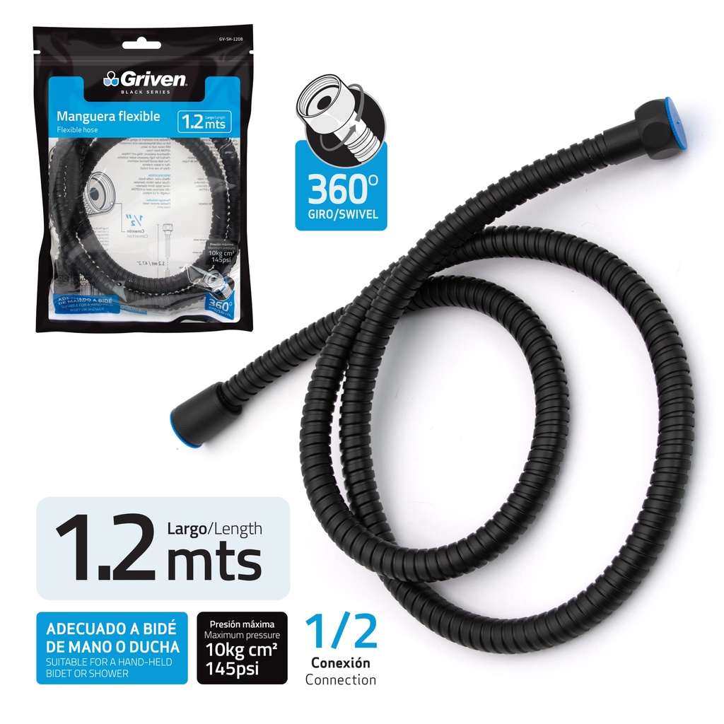 Manguera Flexible de Mano de Ducha 1.2m 1/2" GRIVEN Black Series