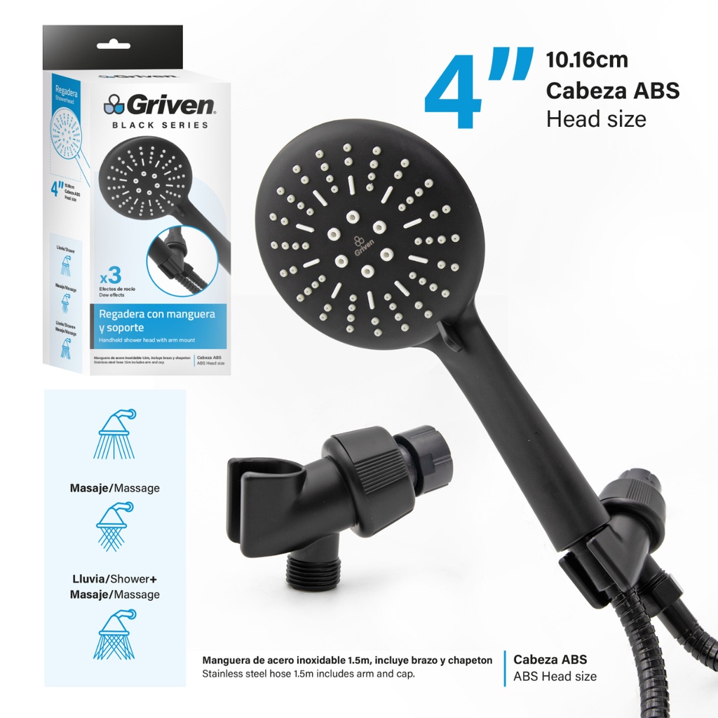 Regadera con Manguera y Soporte 4" GRIVEN Black Series
