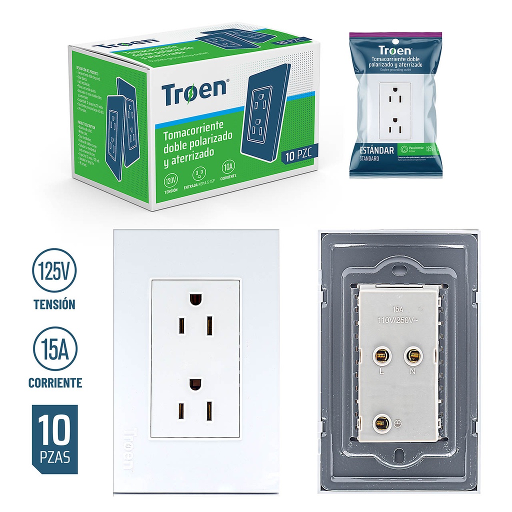 Tomacorriente Doble Polarizado y Aterrizado TROEN