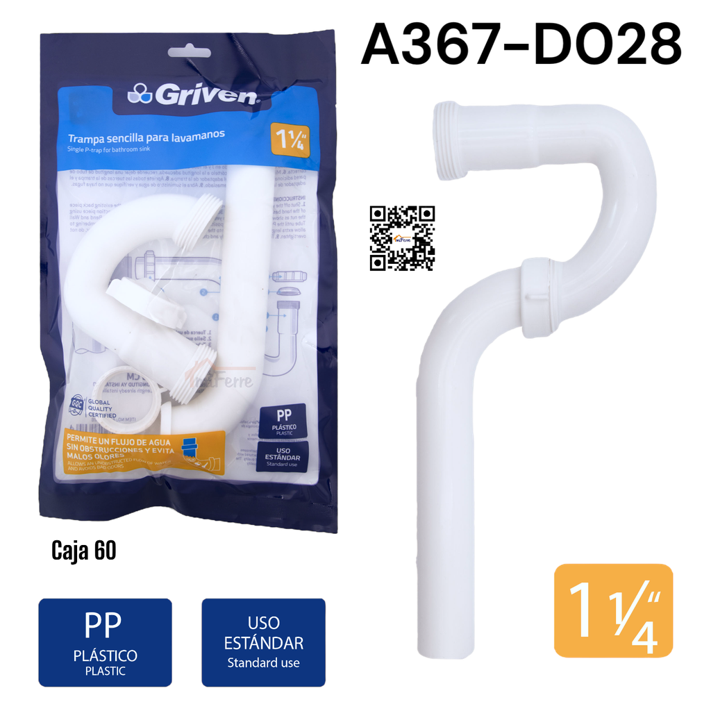 Trampa Sencilla para Lavamanos 1-1/4" GRIVEN