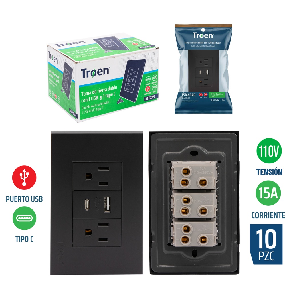 Tomacorriente Doble con USB y Tipo C TROEN