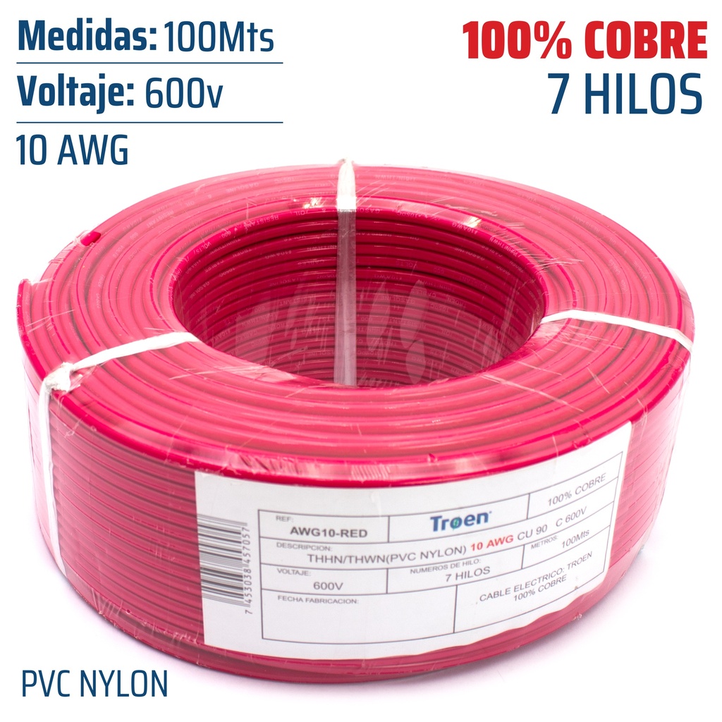 Cable Electrico #10 X 100m Rojo TROEN