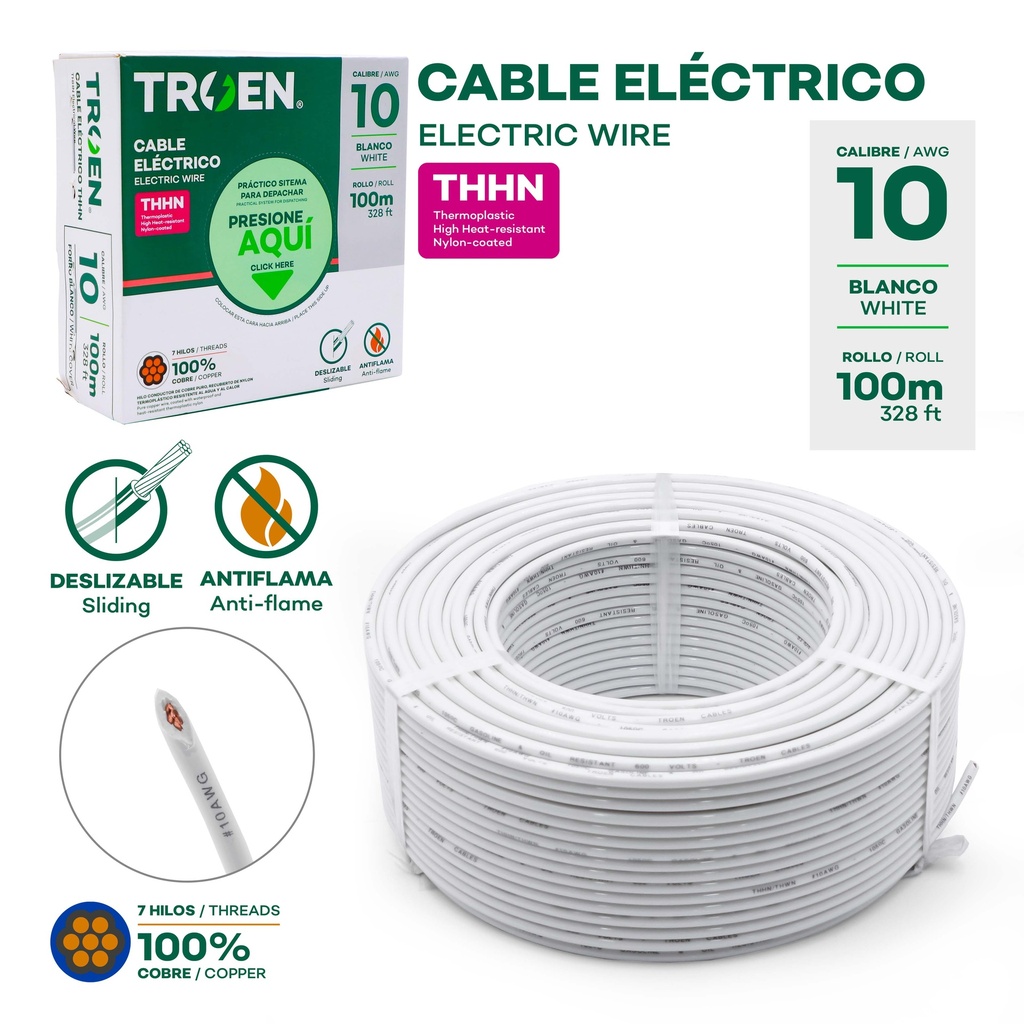 Cable Electrico #10 X 100m Blanco TROEN