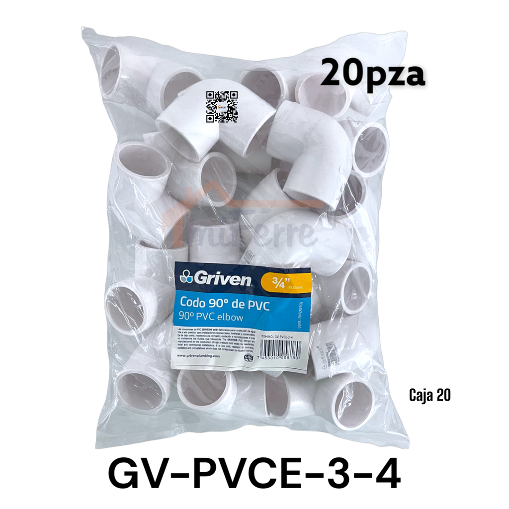 Codo PVC 3/4" X 90 20pza GRIVEN