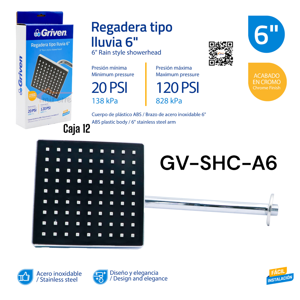 Regadera Tipo Lluvia 6" GRIVEN