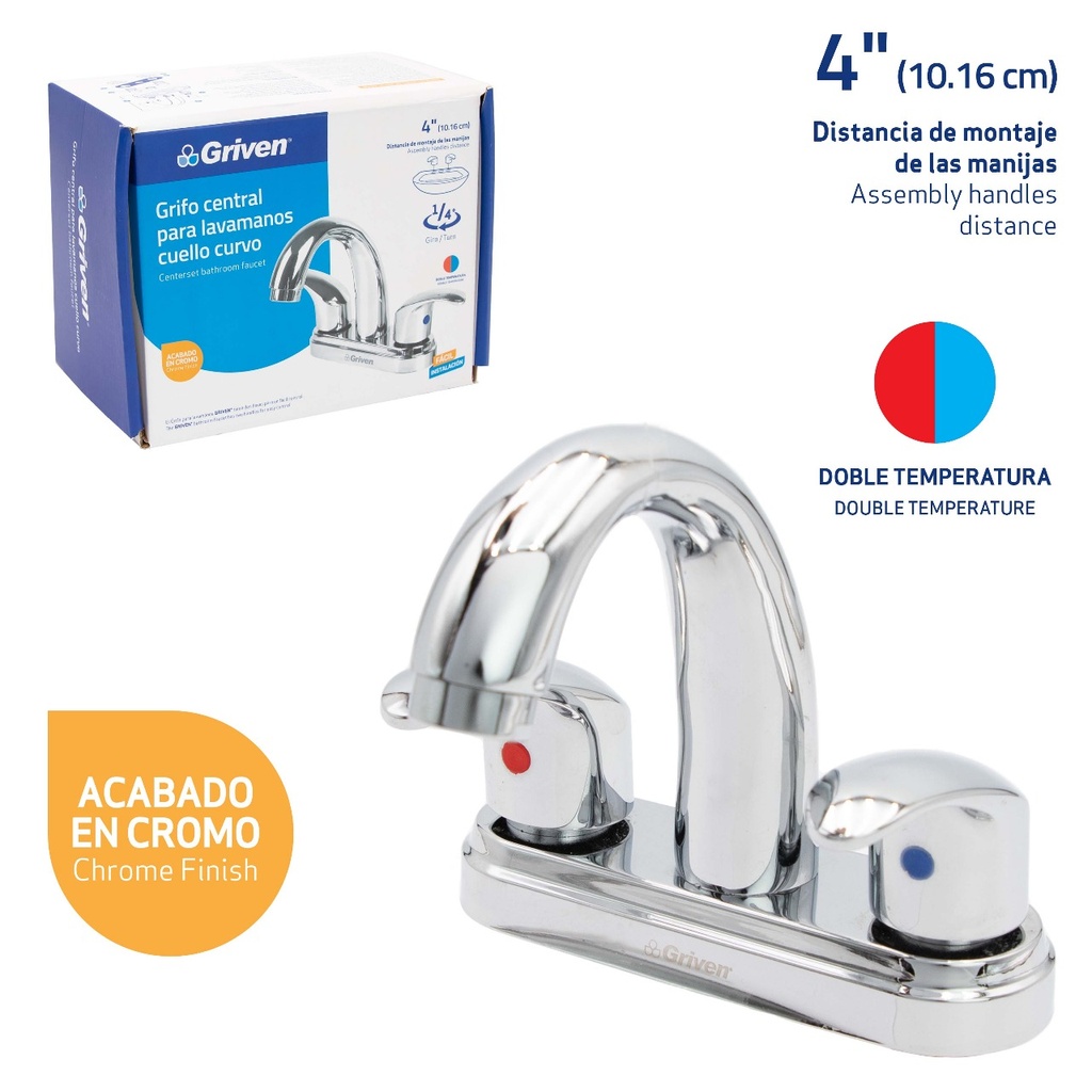 Grifo Central para Lavamanos Cuello Curvo 4" GRIVEN