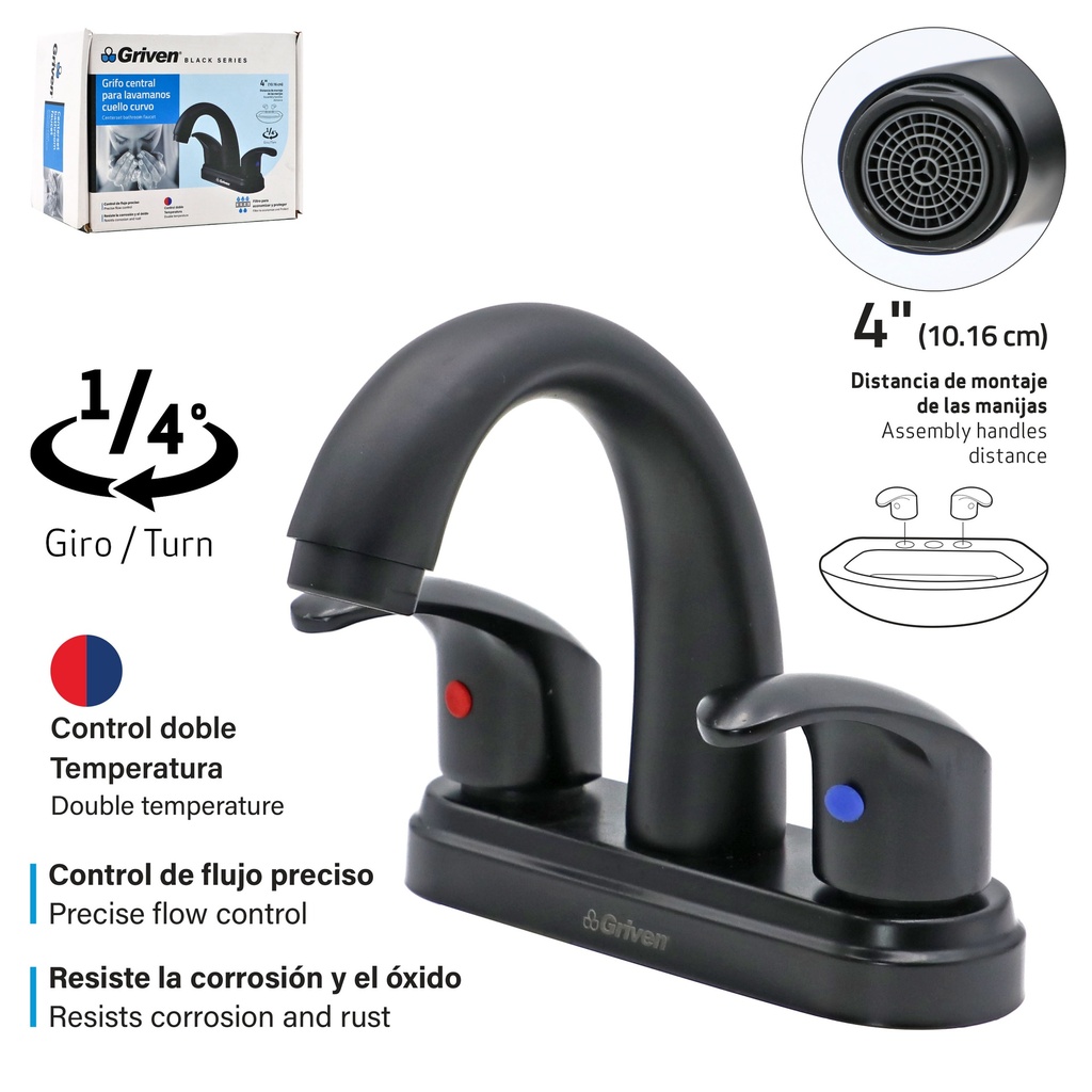 Grifo Central para Lavamanos Cuello Curvo GRIVEN Black Series