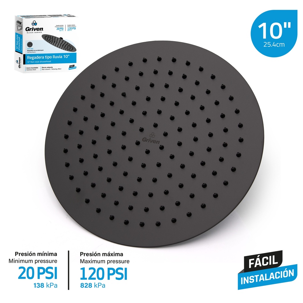 Regadera Tipo Lluvia 10" GRIVEN Black Series