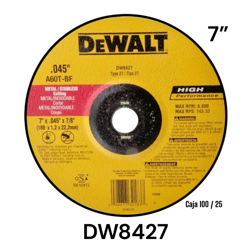 Disco de Corte Metal 7 X 0.045 x 7/8" DEWALT