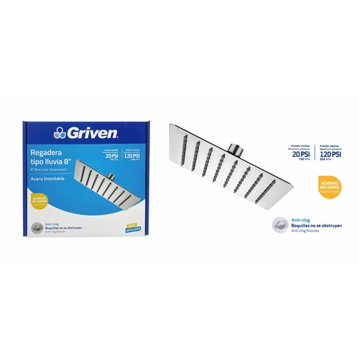 [GV-SHC8-S] Regadera Tipo Lluvia 8" GRIVEN