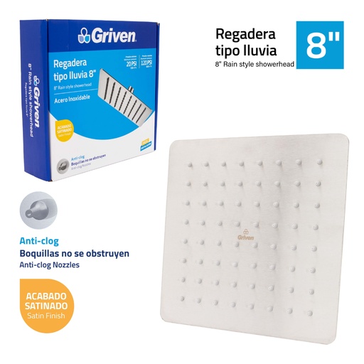 [GV-SHS8-S] Regadera para Ducha Cabeza Cuadrada 8" GRIVEN