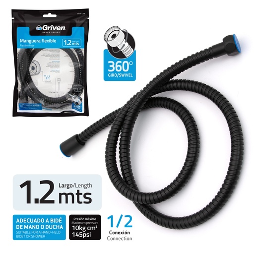 [GV-SH-120B] Manguera Flexible de Mano de Ducha 1.2m 1/2" GRIVEN Black Series