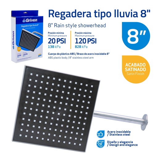 [GV-SHS-A8] Regadera Tipo Lluvia 8" GRIVEN