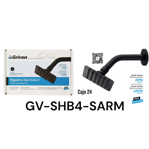 [GV-SHB4-SARM] Regadera Tipo Lluvia 4" GRIVEN Black Series