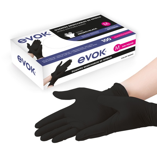 [EV-NT-M-BK] Guantes de Nitrilo Negro M 100pza EVOK