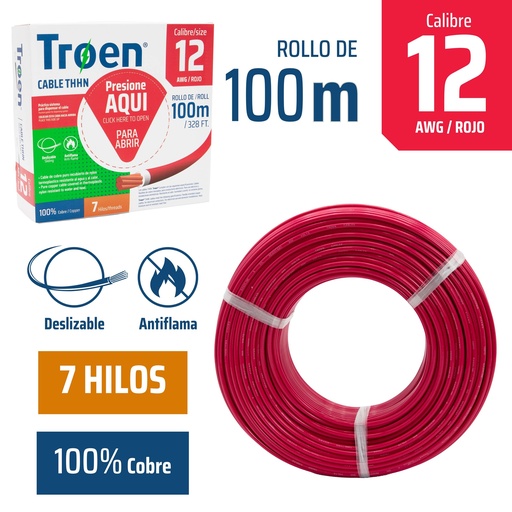 [AWG12-RED] Cable Electrico #12 X 100m Rojo TROEN