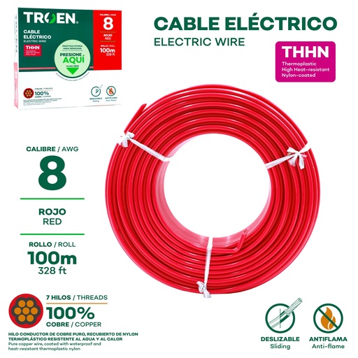 [AWG08-RED] Cable Electrico #8 X 100m Rojo TROEN
