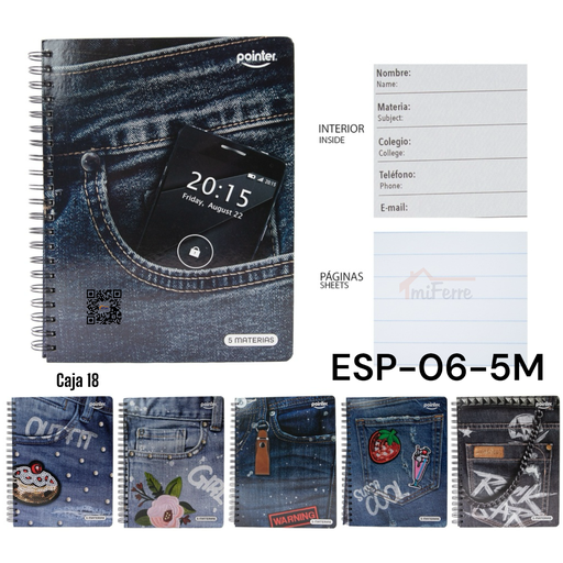 [ESP-06-5M] Cuaderno Espiral 5 Materias 320pag POINTER