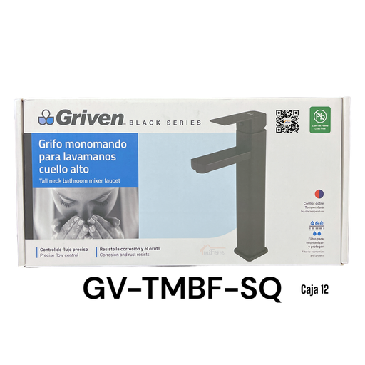 [GV-TMBF-SQ] Grifo Monomando para Lavamanos Cuello Alto GRIVEN Black Series