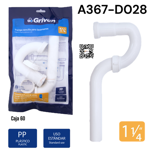 [A367-D028] Trampa Sencilla para Lavamanos 1-1/4" GRIVEN