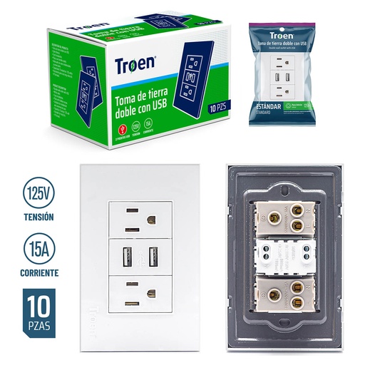 [A136-ETW-6C2U] Tomacorriente Doble con USB TROEN