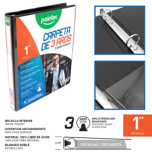 [FLJG-P-1-BK] Carpeta de 3 Aros 1" Negro POINTER
