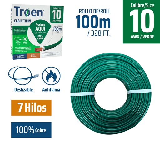 [AWG10-GR] Cable Electrico #10 X 100m Verde TROEN