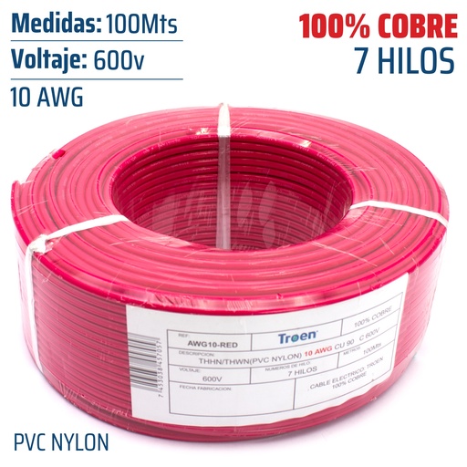 [AWG10-RED] Cable Electrico #10 X 100m Rojo TROEN