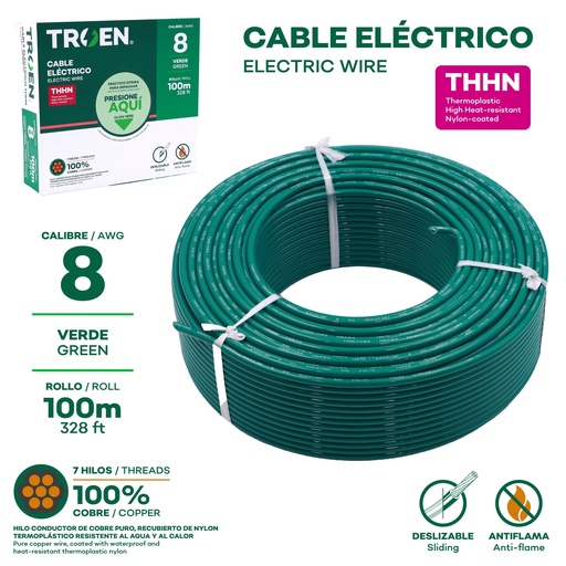 [AWG08-GR] Cable Electrico #8 X 100m Verde TROEN