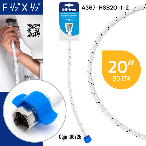 [A367-HSB20-1-2] Tubo de Abasto para Lavamano y Fregadero 1/2 X 1/2 X 20" GRIVEN