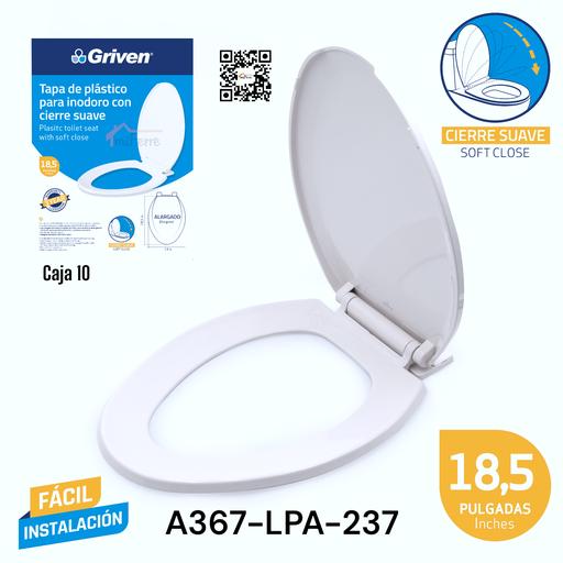 [A367-LPA-237] Tapa de Plastico para Inodoro con Cierre Suave 18.5" Blanco GRIVEN
