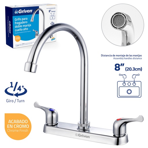 [A367-15061A-K2] Grifo para Fregadero Doble Manija Cuello Alto GRIVEN