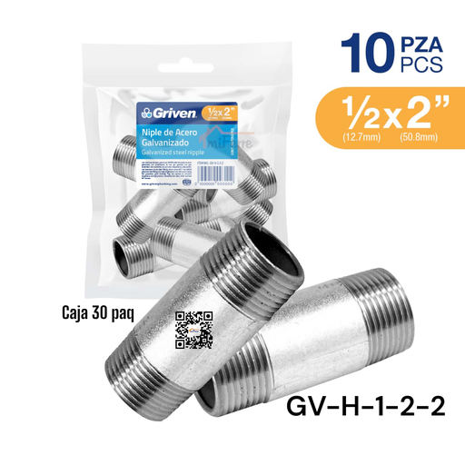 [GV-H-1-2-2] Niple Galvanizado 1/2 X 2" 10pza GRIVEN